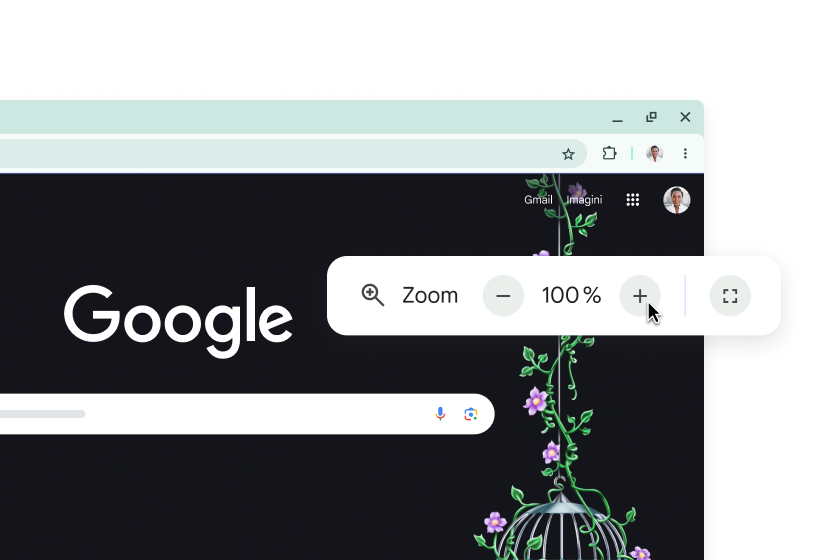 Pagina de pornire Google și o fereastră pop-up cu zoomul setat la 100 %