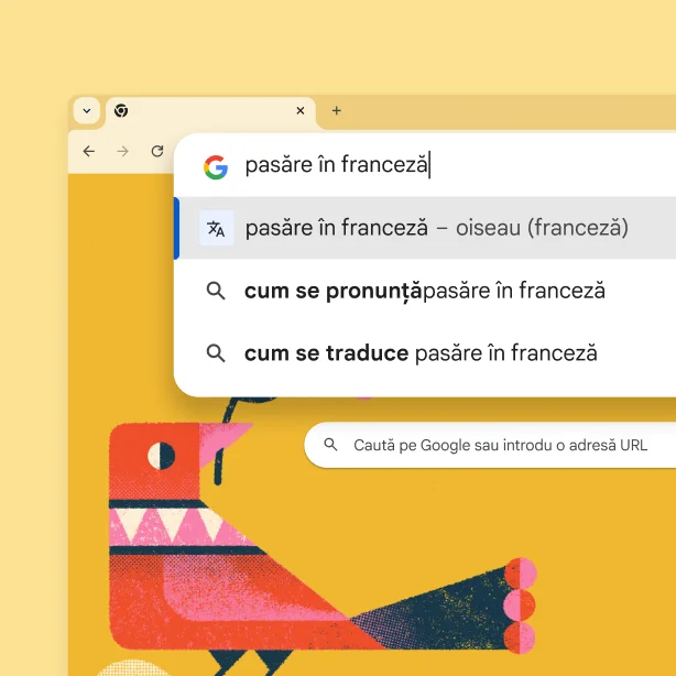 Pagina de pornire Google cu o fotografie cu o pasăre și căutarea „pasăre în franceză” cu rezultatul „oiseau”