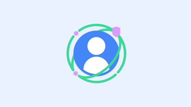 A blue icon of a person is surrounded by ellipses, a green shield and other green geometric shapes.